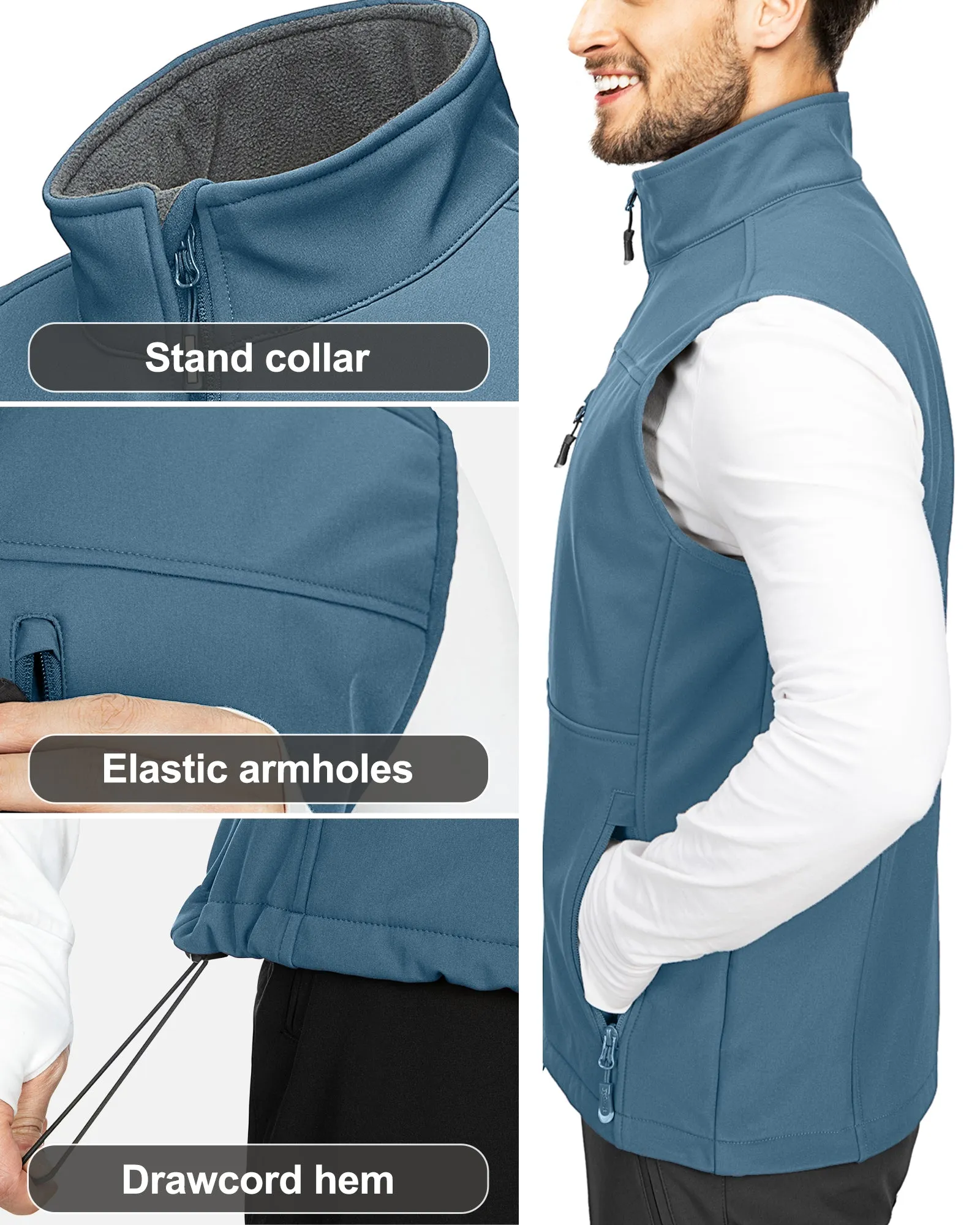 1.2 lbs 8000mm W/P Index Men's Softshell Fleece Lined Vest Outerwear with 7 Pockets