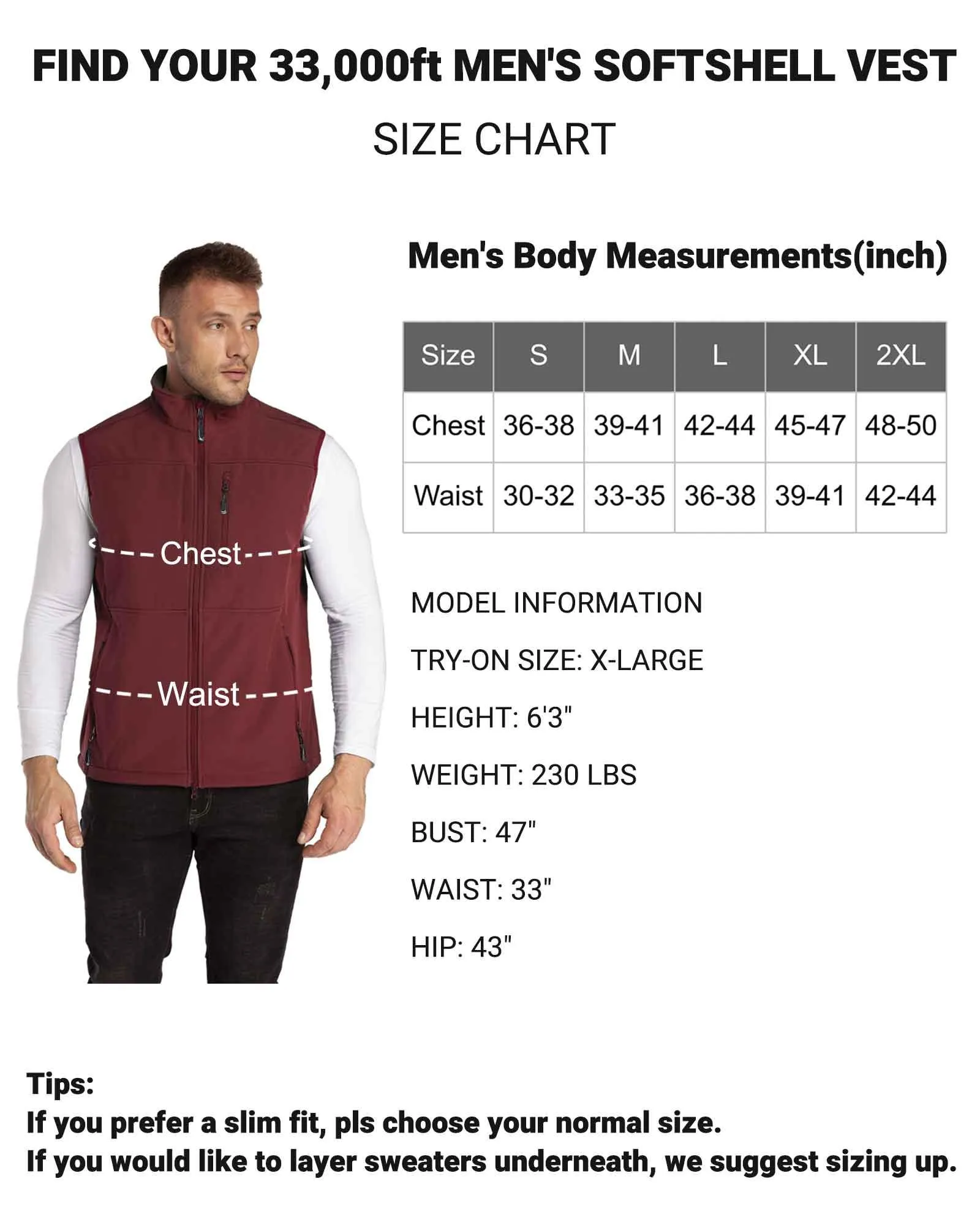 1.2 lbs 8000mm W/P Index Men's Softshell Fleece Lined Vest Outerwear with 7 Pockets