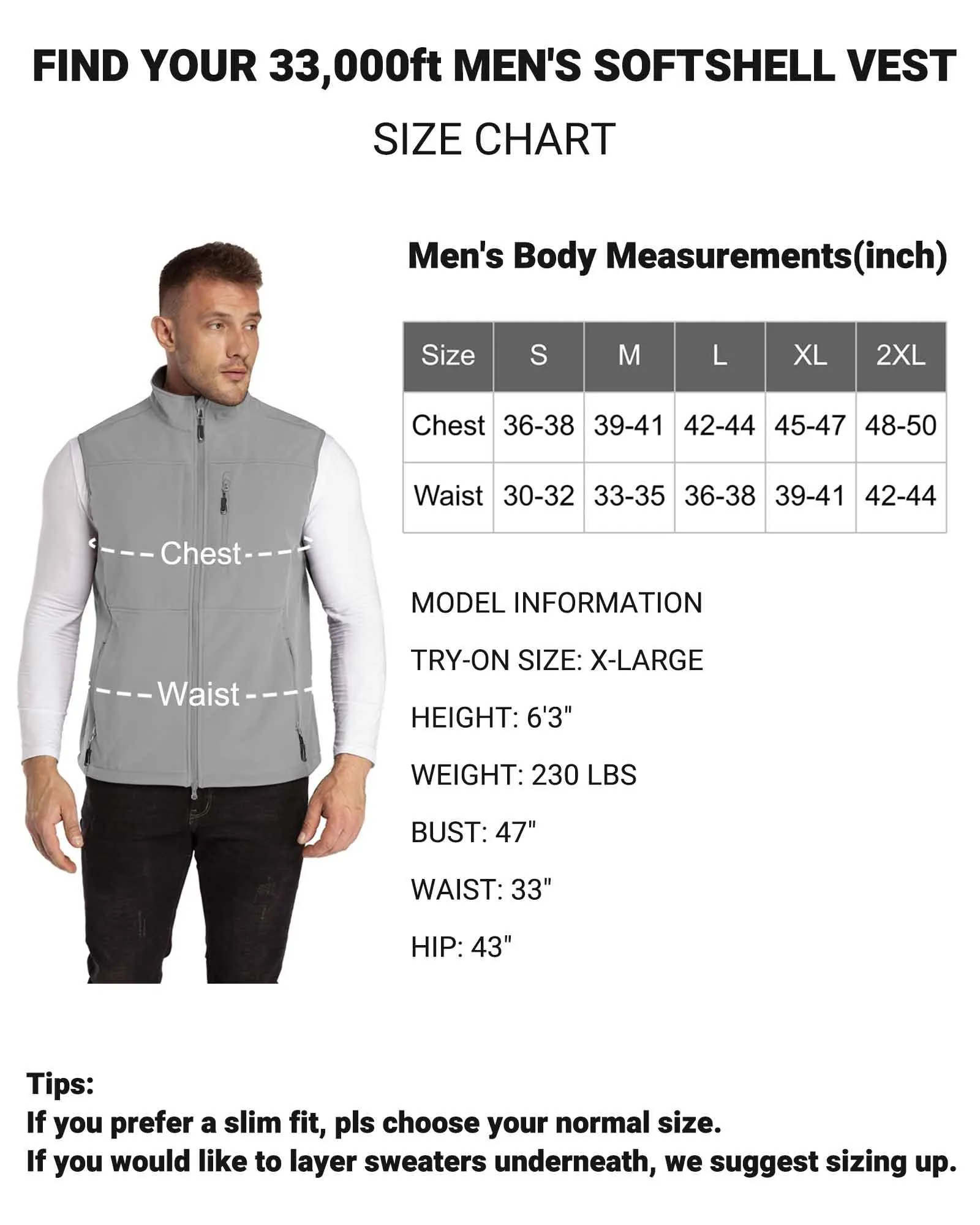 1.2 lbs 8000mm W/P Index Men's Softshell Fleece Lined Vest Outerwear with 7 Pockets