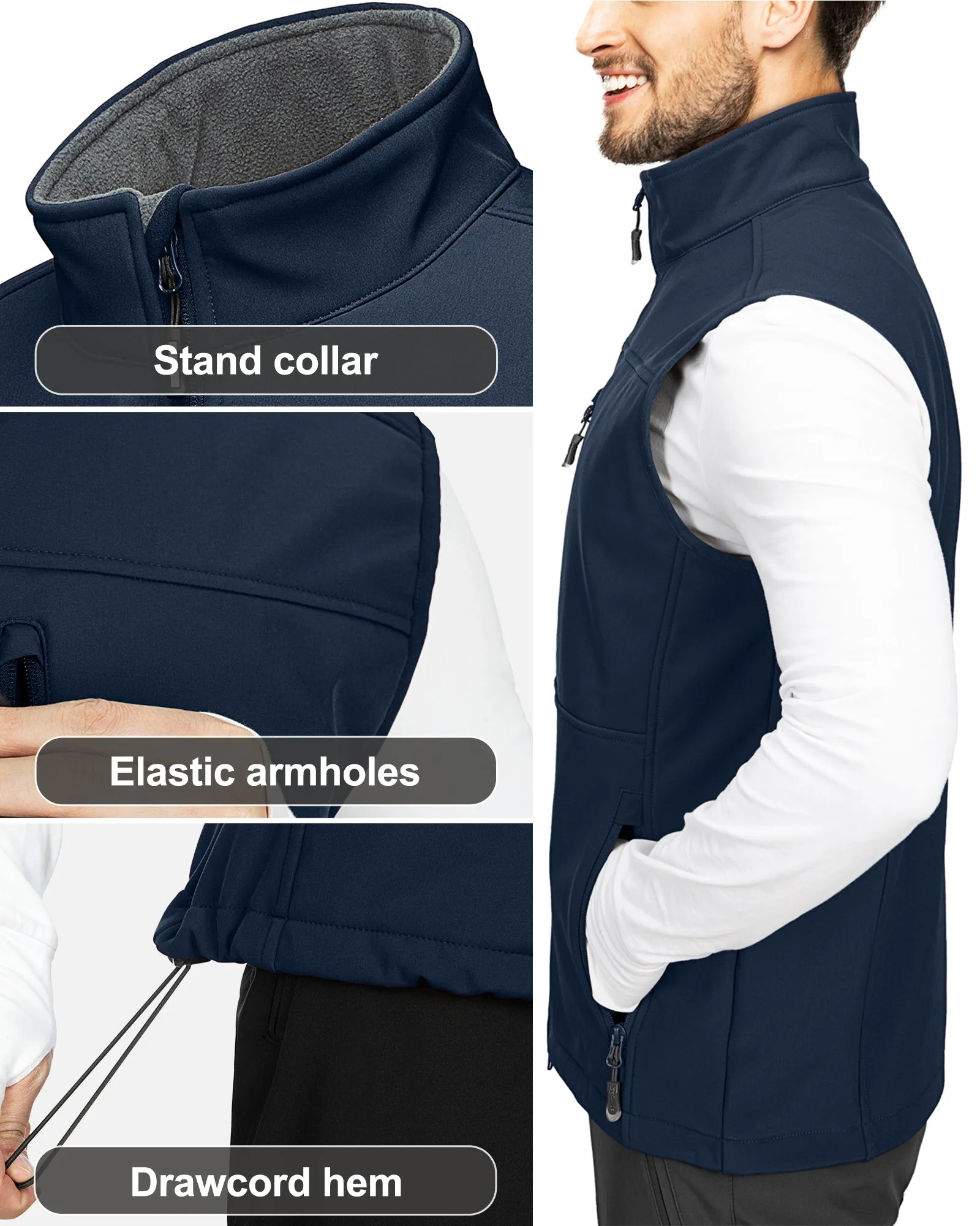 1.2 lbs 8000mm W/P Index Men's Softshell Fleece Lined Vest Outerwear with 7 Pockets