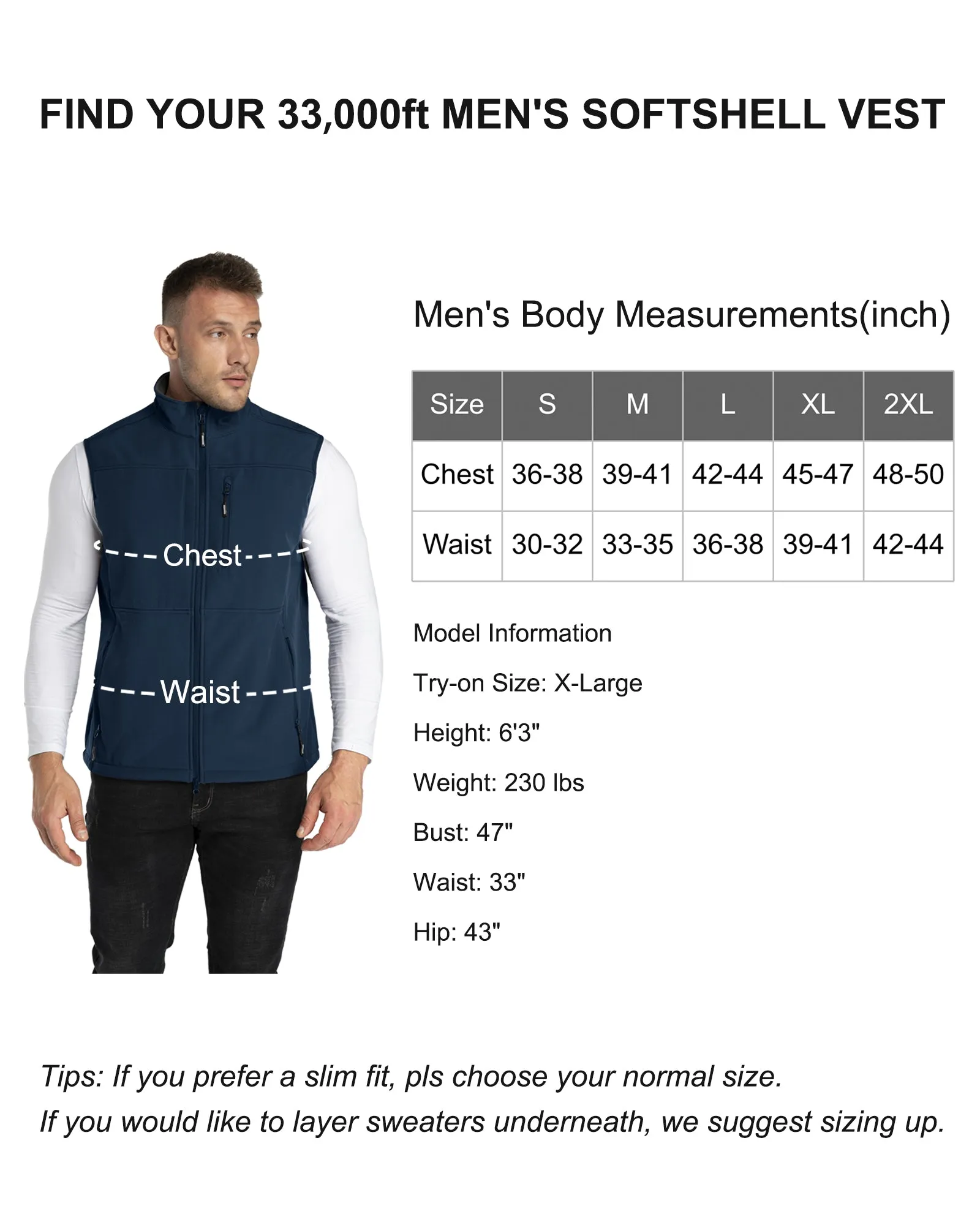 1.2 lbs 8000mm W/P Index Men's Softshell Fleece Lined Vest Outerwear with 7 Pockets