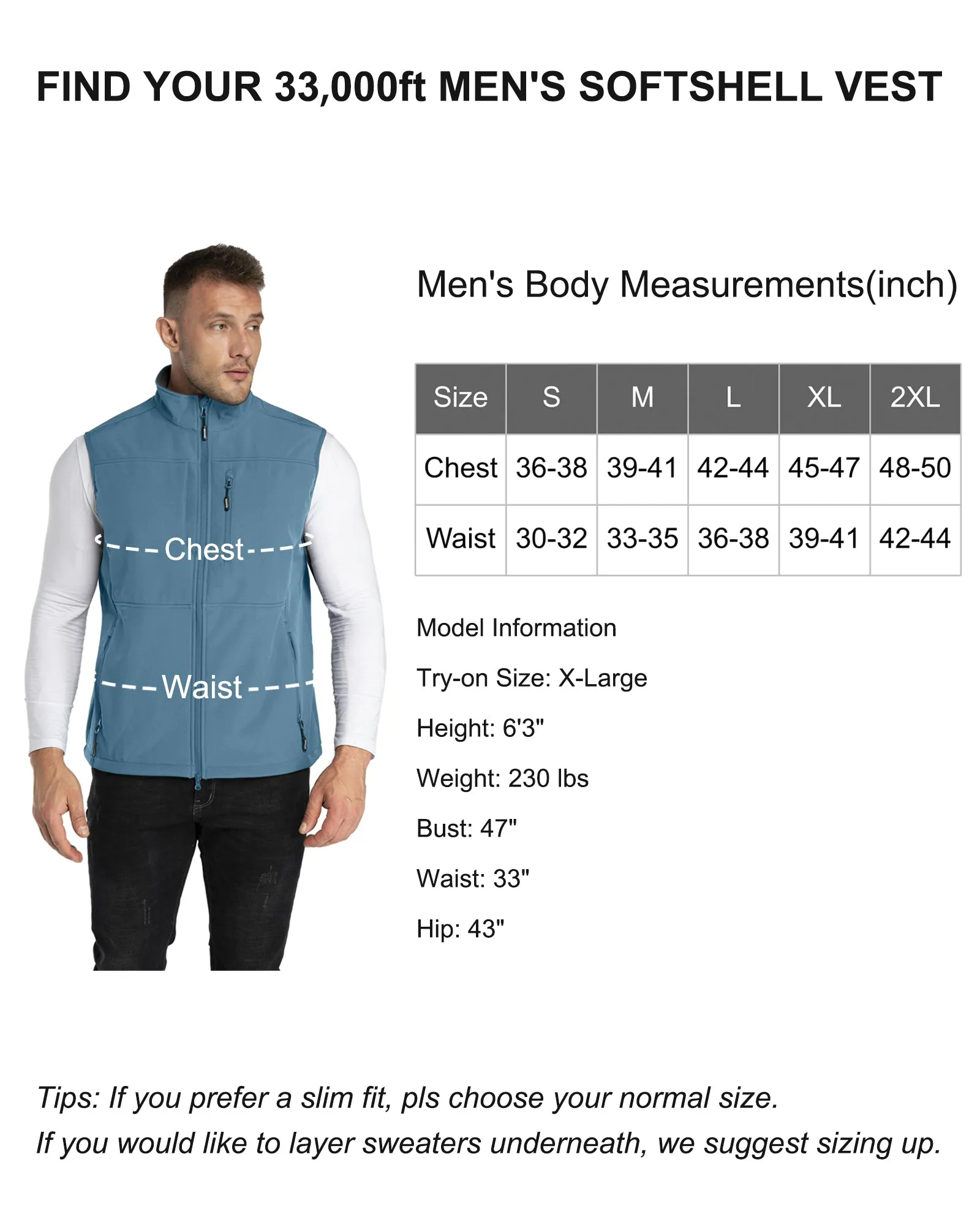 1.2 lbs 8000mm W/P Index Men's Softshell Fleece Lined Vest Outerwear with 7 Pockets