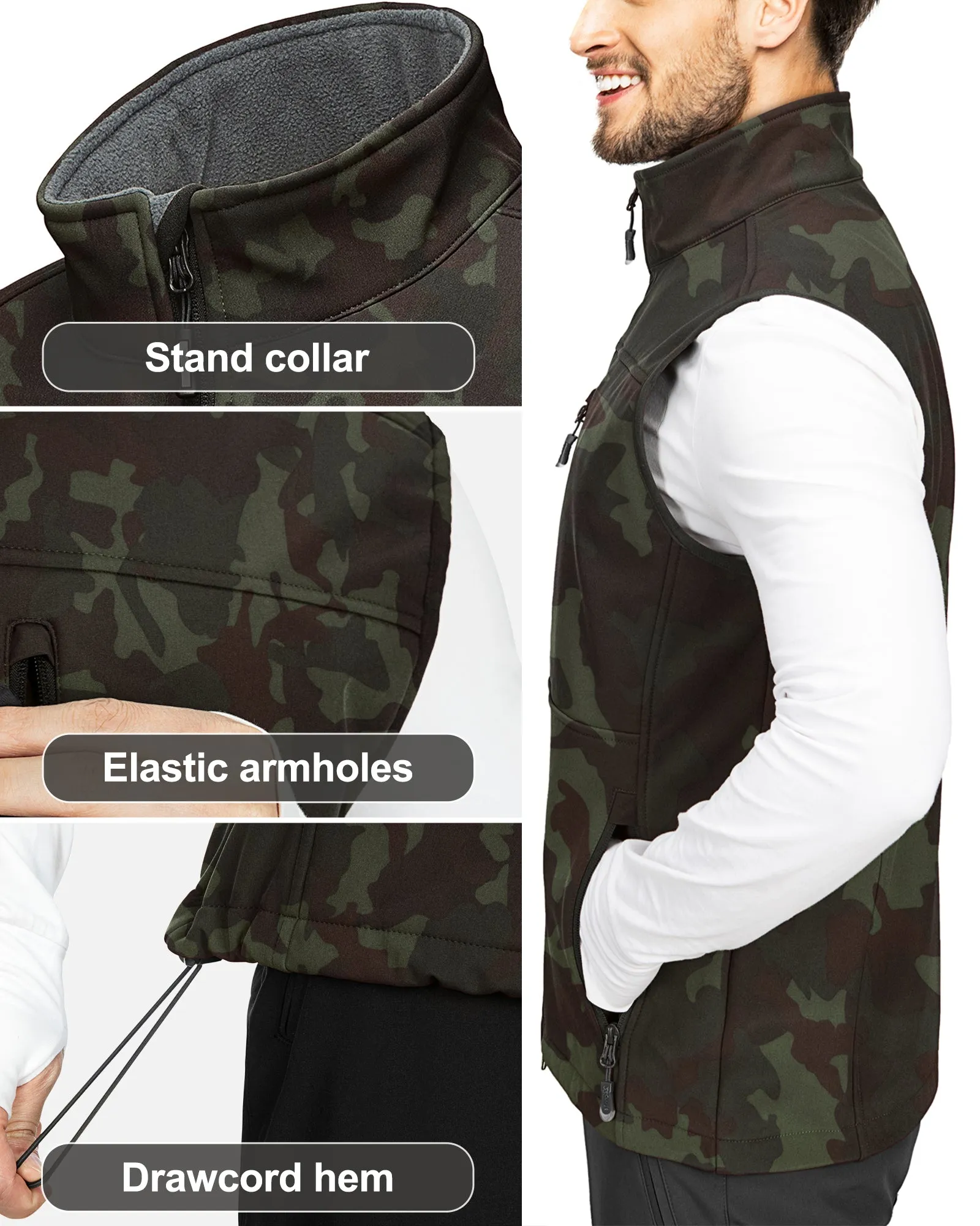 1.2 lbs 8000mm W/P Index Men's Softshell Fleece Lined Vest Outerwear with 7 Pockets