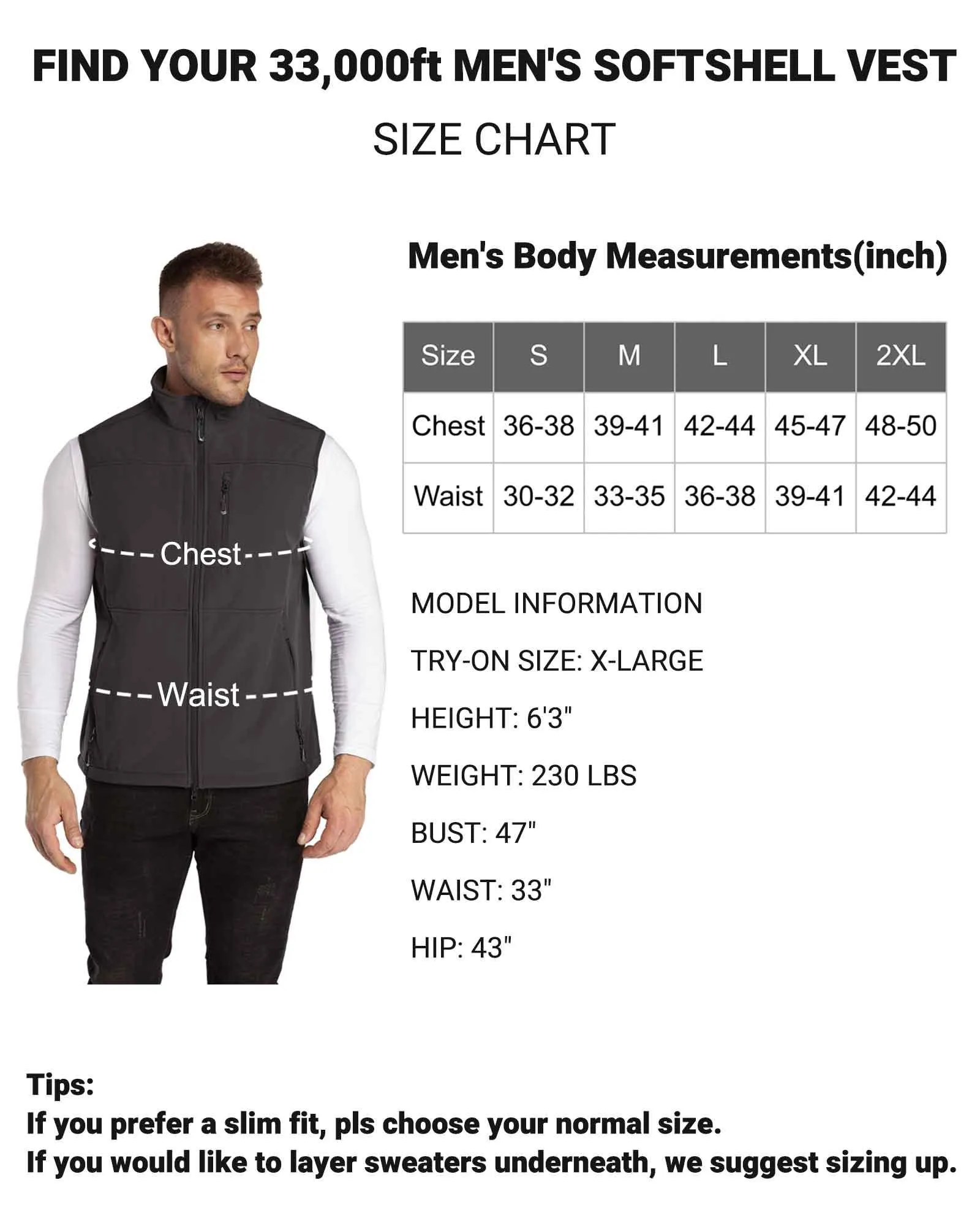 1.2 lbs 8000mm W/P Index Men's Softshell Fleece Lined Vest Outerwear with 7 Pockets