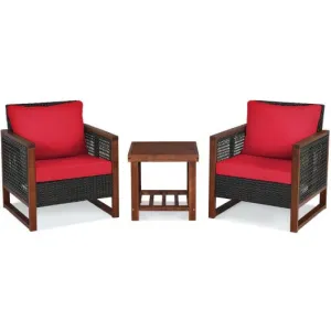 3 Pcs Patio Wicker Furniture Sofa Set with Wooden Frame and Cushion-Red