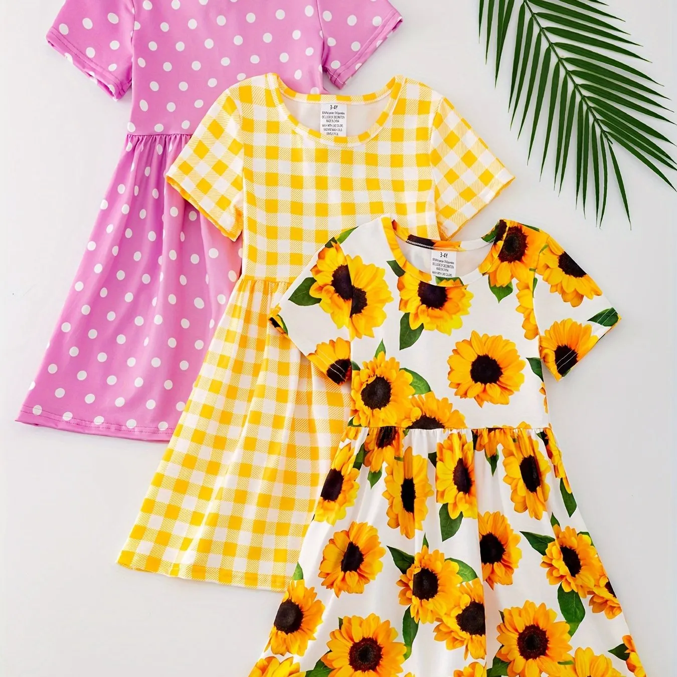 3pcs Girls Charming Short Sleeve Dress Set - Adorable Striped & Polka Dot Print with Sunflower Accent - Lightweight Summer Wear for Parties and Gifts