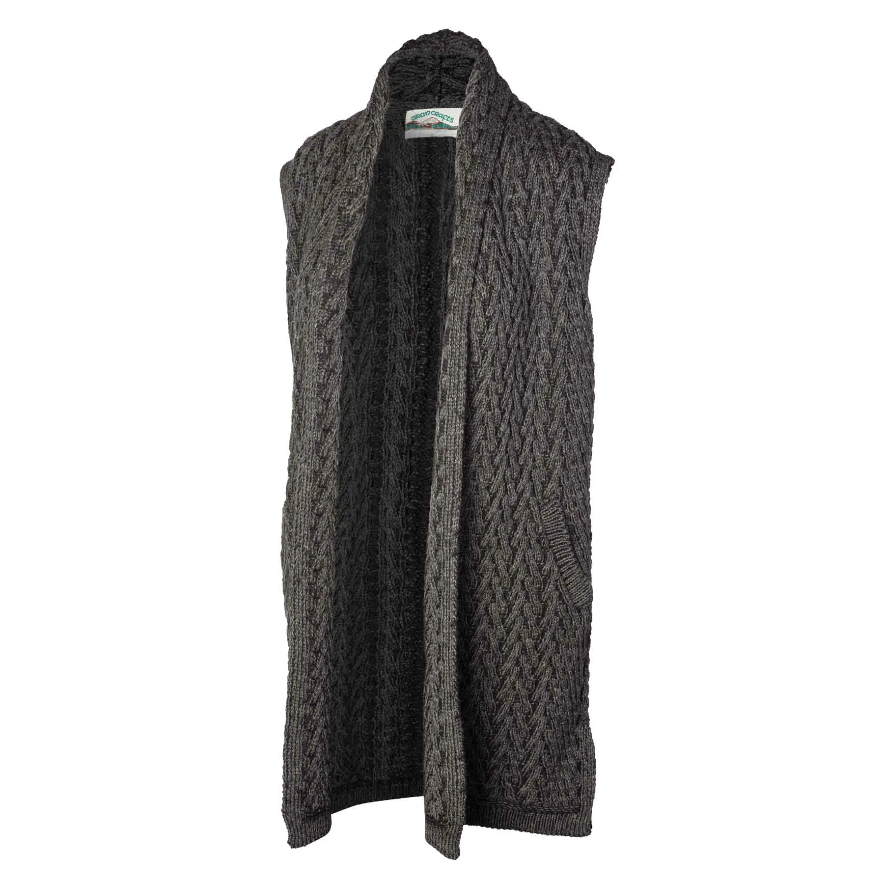 Aran Knit Long Vest, Charcoal Mix