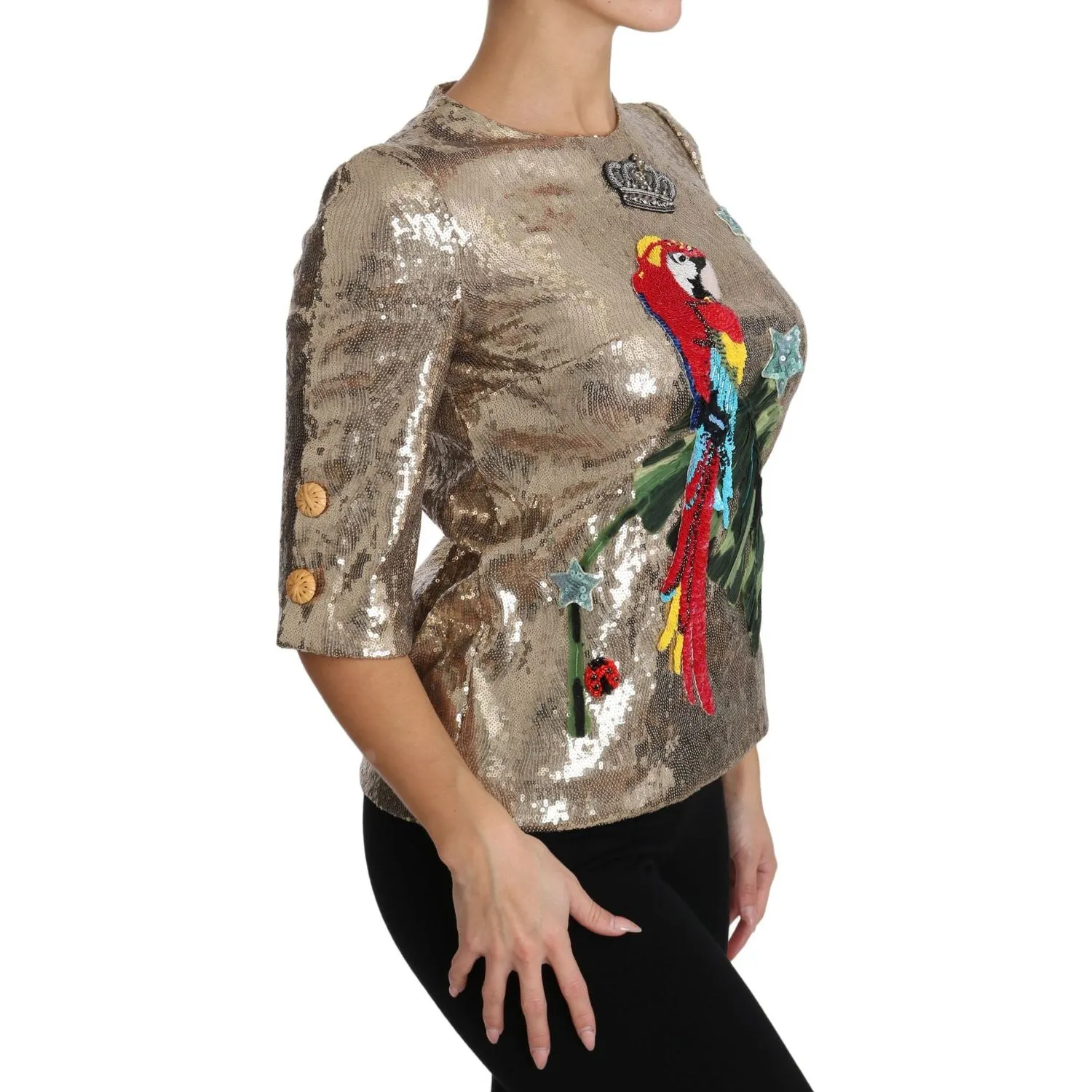 Dolce & Gabbana Gold Parrot Motif Crewneck Blouse with Crystals