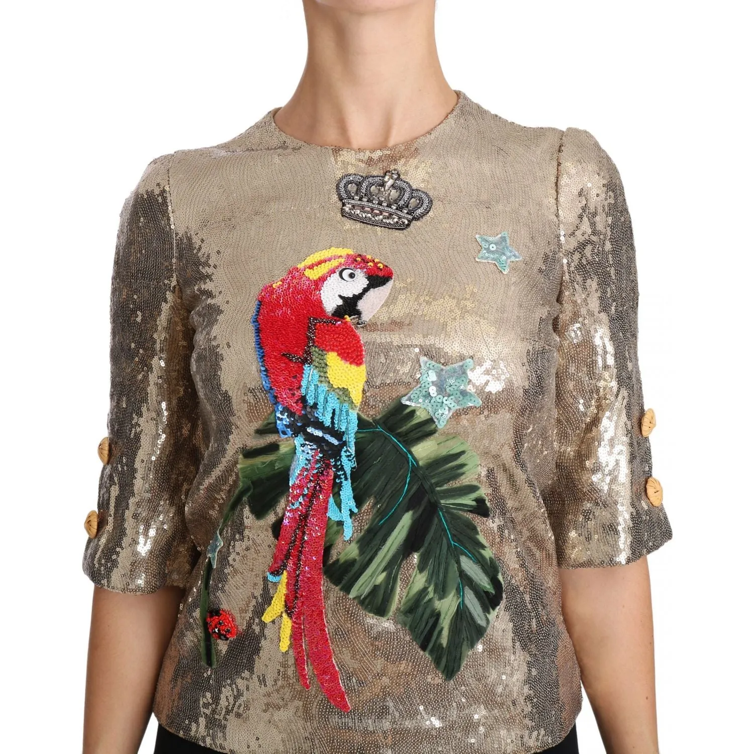 Dolce & Gabbana Gold Parrot Motif Crewneck Blouse with Crystals