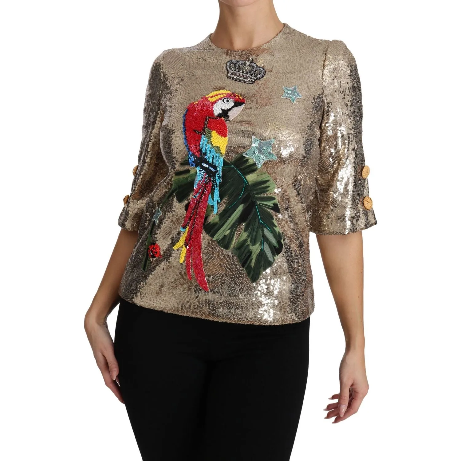 Dolce & Gabbana Gold Parrot Motif Crewneck Blouse with Crystals