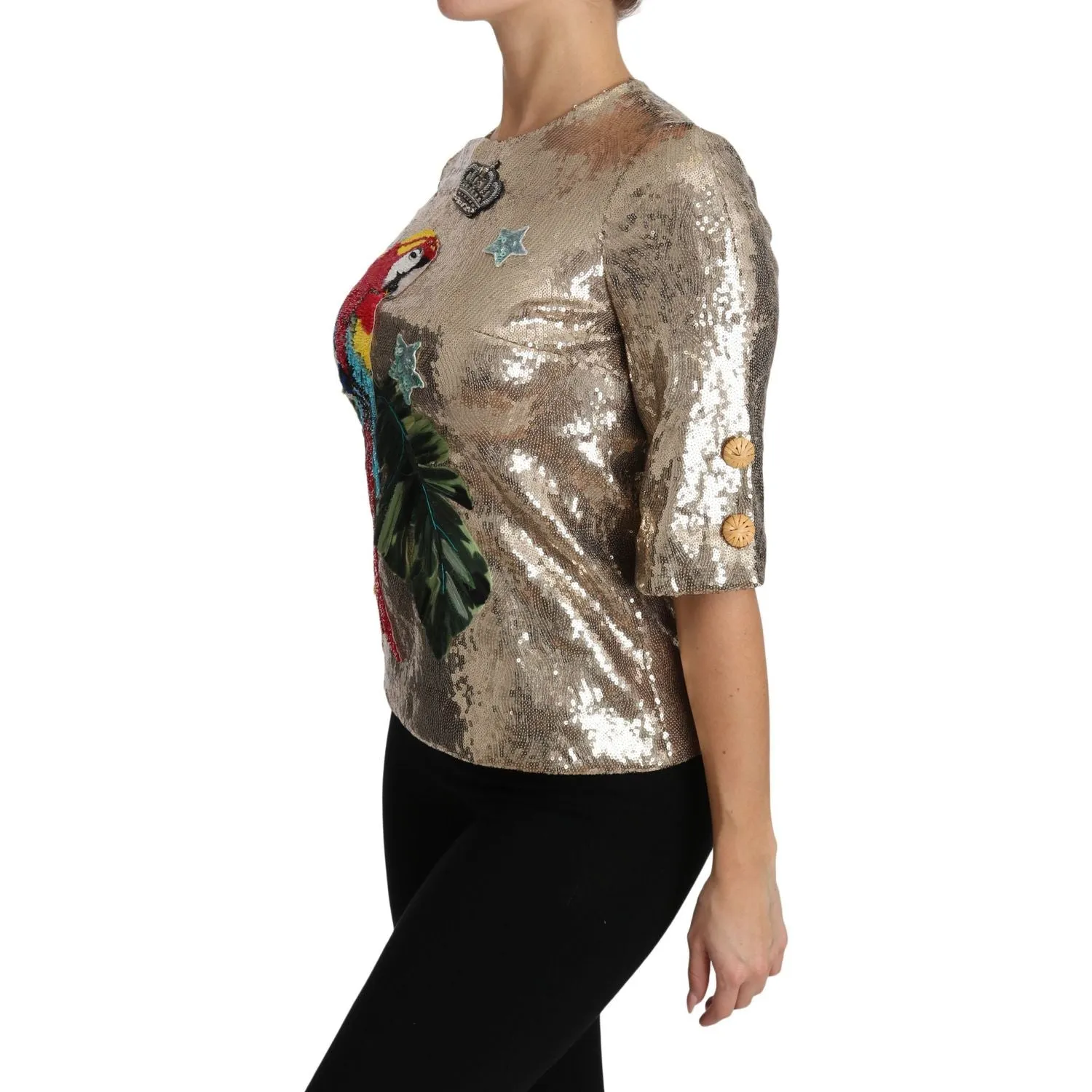 Dolce & Gabbana Gold Parrot Motif Crewneck Blouse with Crystals