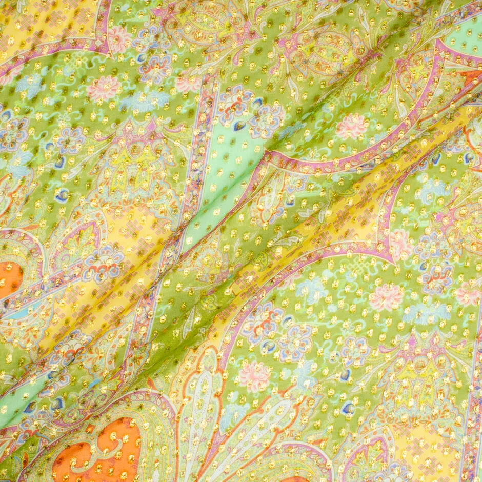 Multi Paisley Printed Apple Green Metallic Silk Georgette