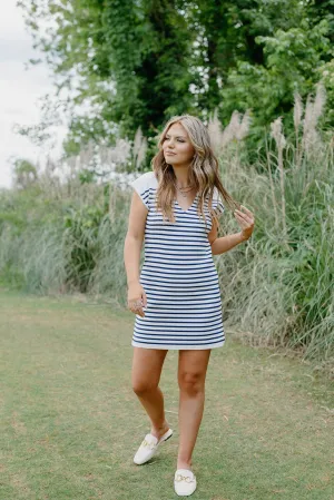 Navy Striped Button Detail Knit Dress