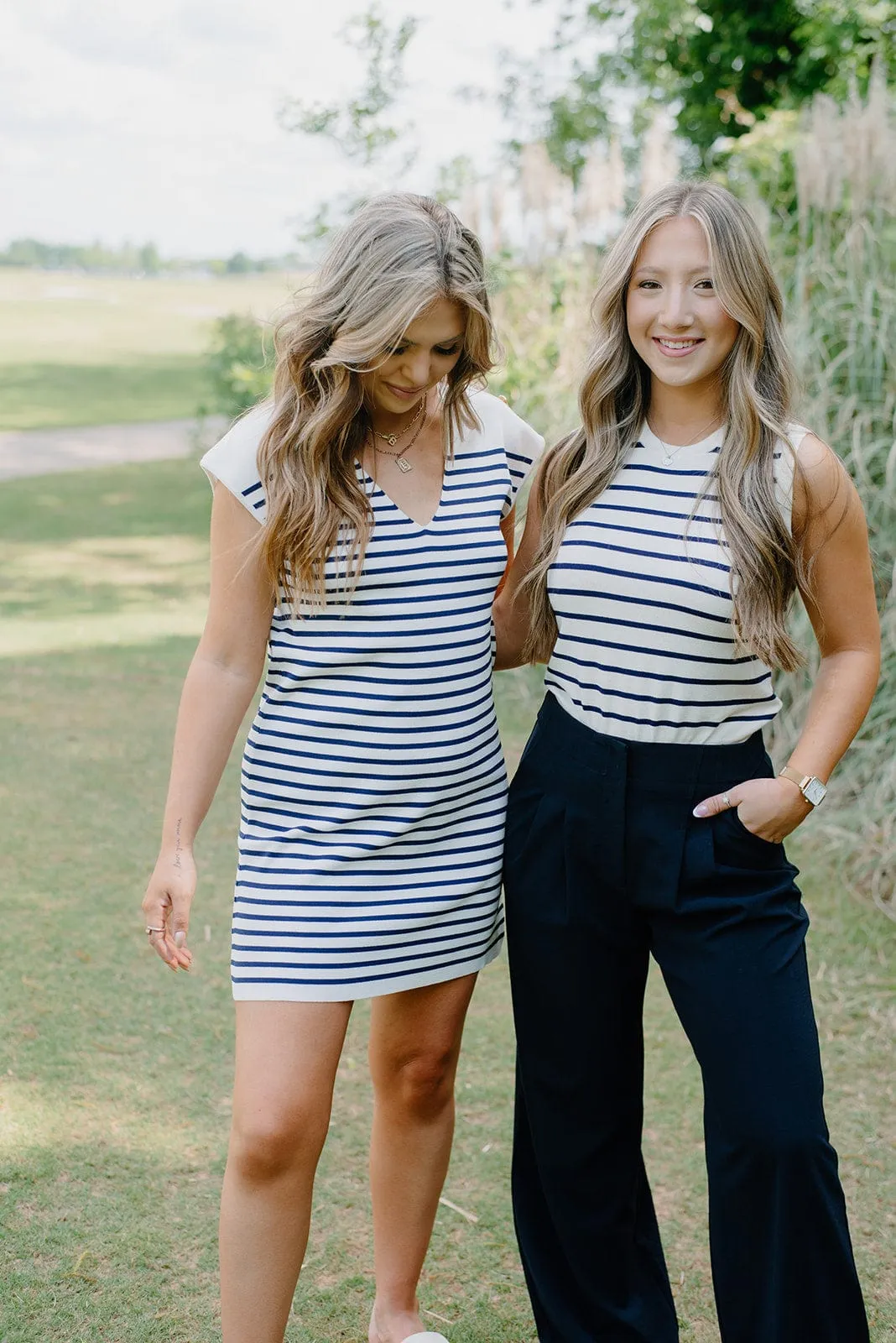 Navy Striped Button Detail Knit Dress