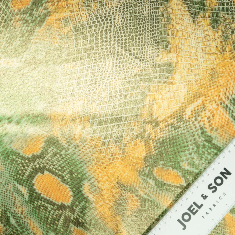 Orange & Green Snake Print Metallic Stretch Cotton