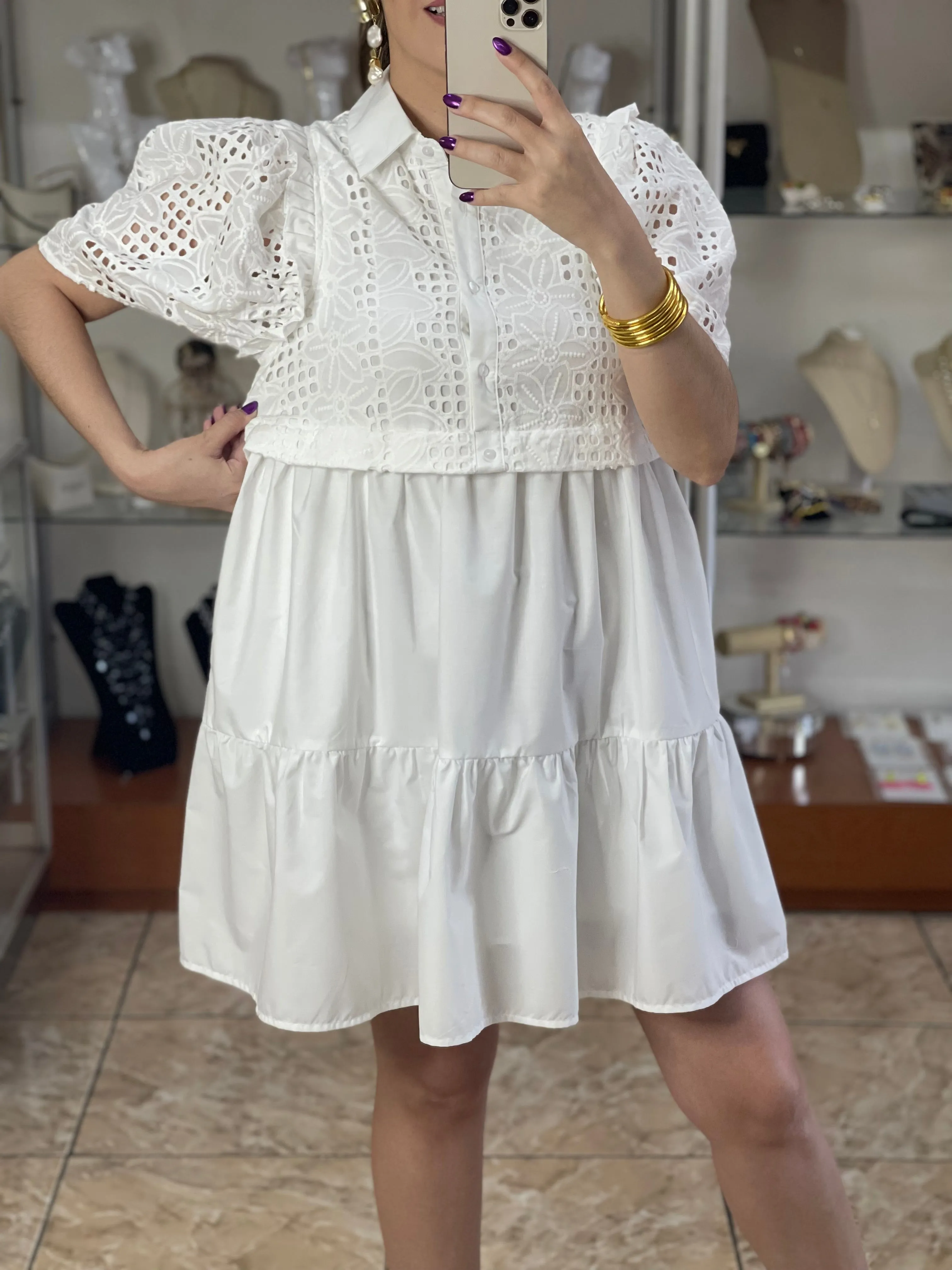 Puff Sleeve Eyelet Mini Dress