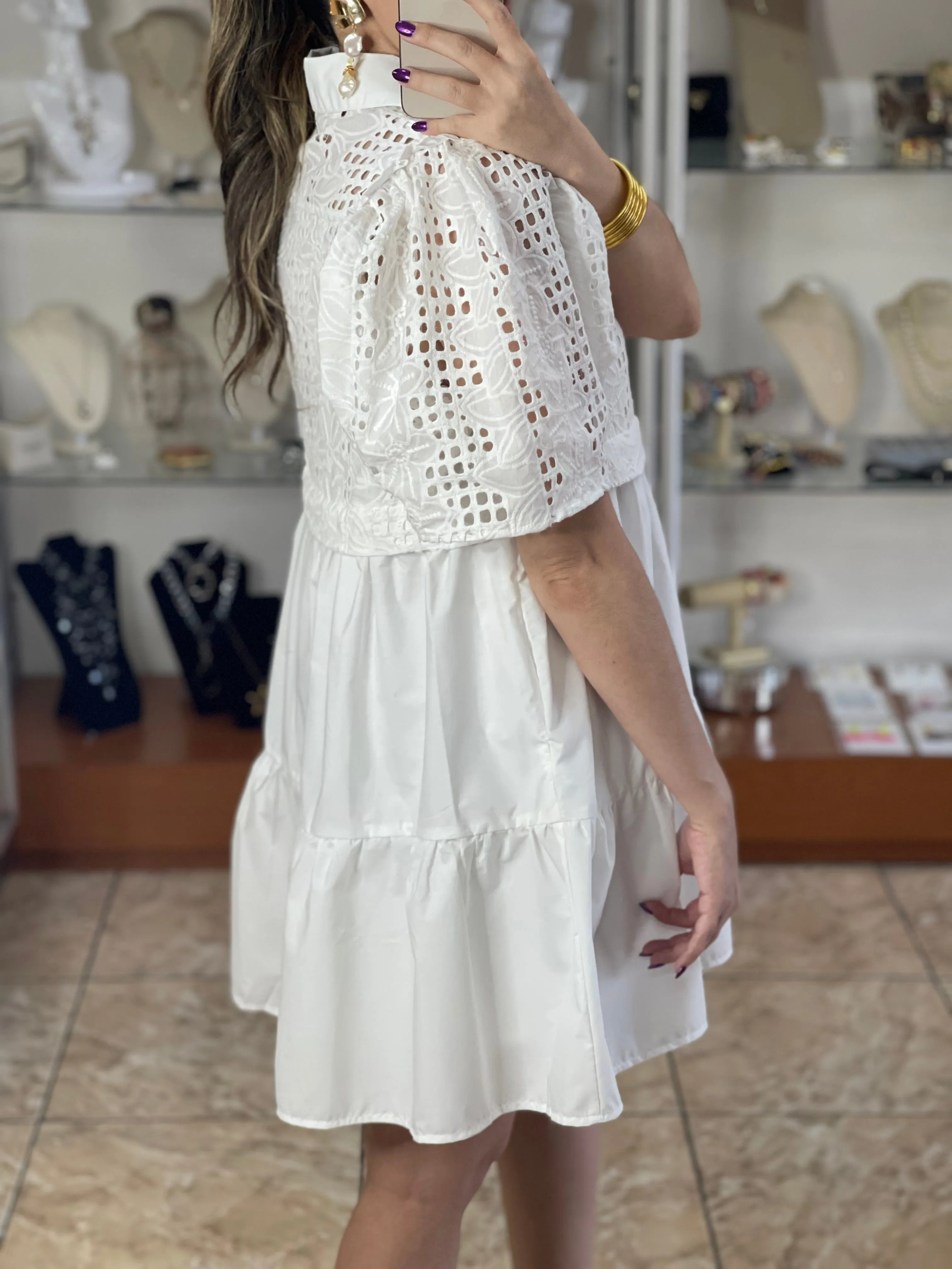 Puff Sleeve Eyelet Mini Dress