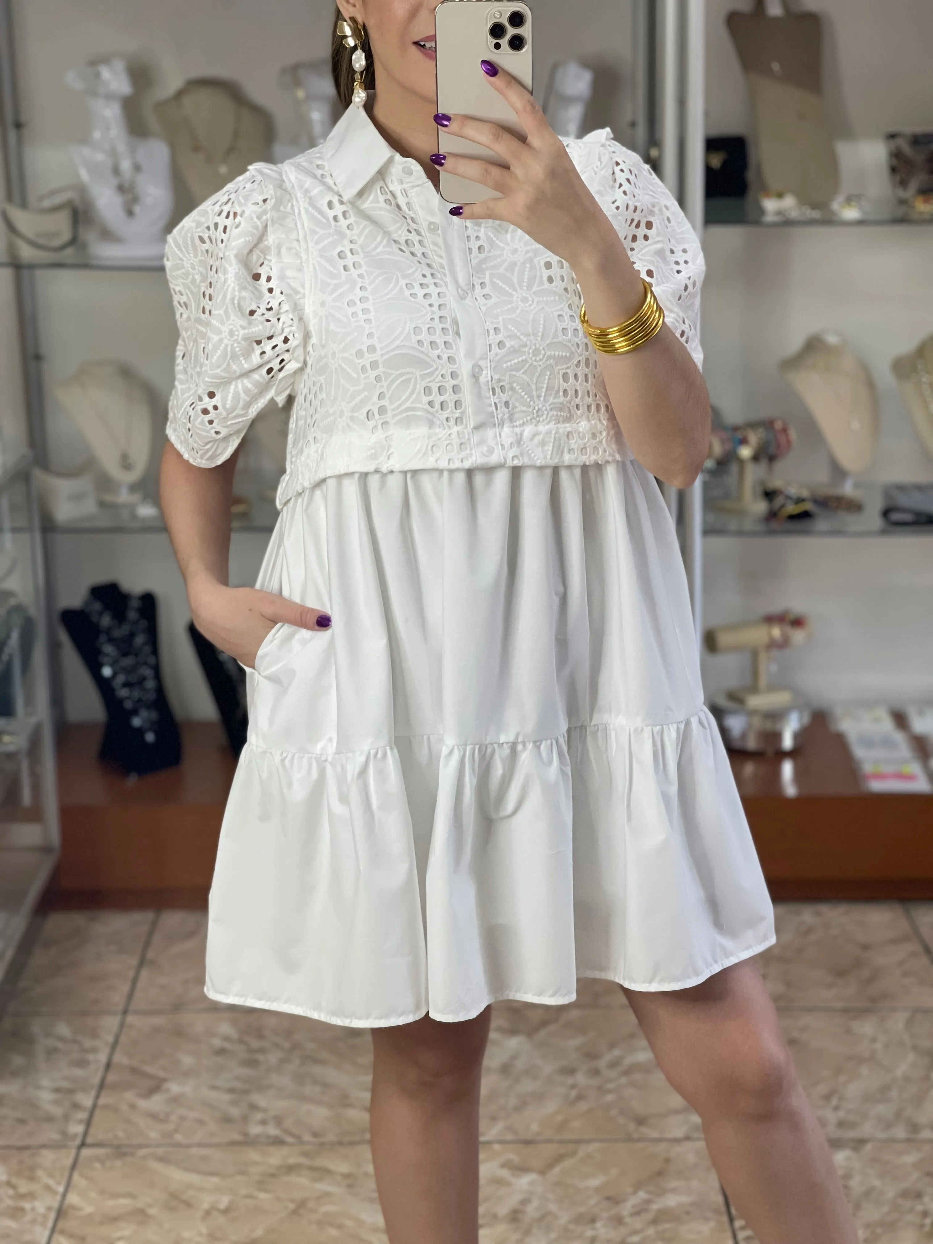 Puff Sleeve Eyelet Mini Dress