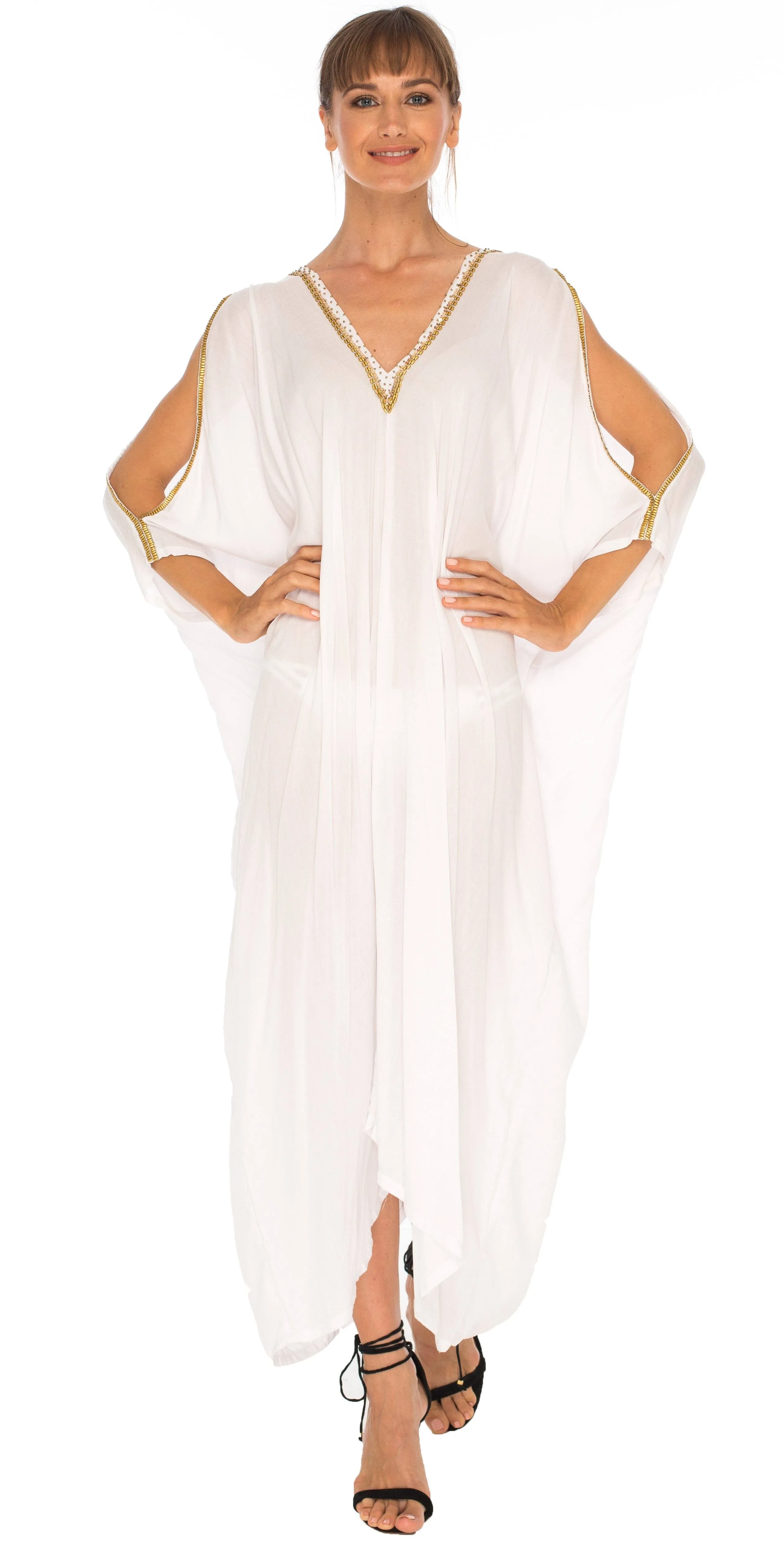 SHU-SHI Women's Cold Shoulder Kaftan Cover-Up Maxi Dress with Gold Beads and V-Neck