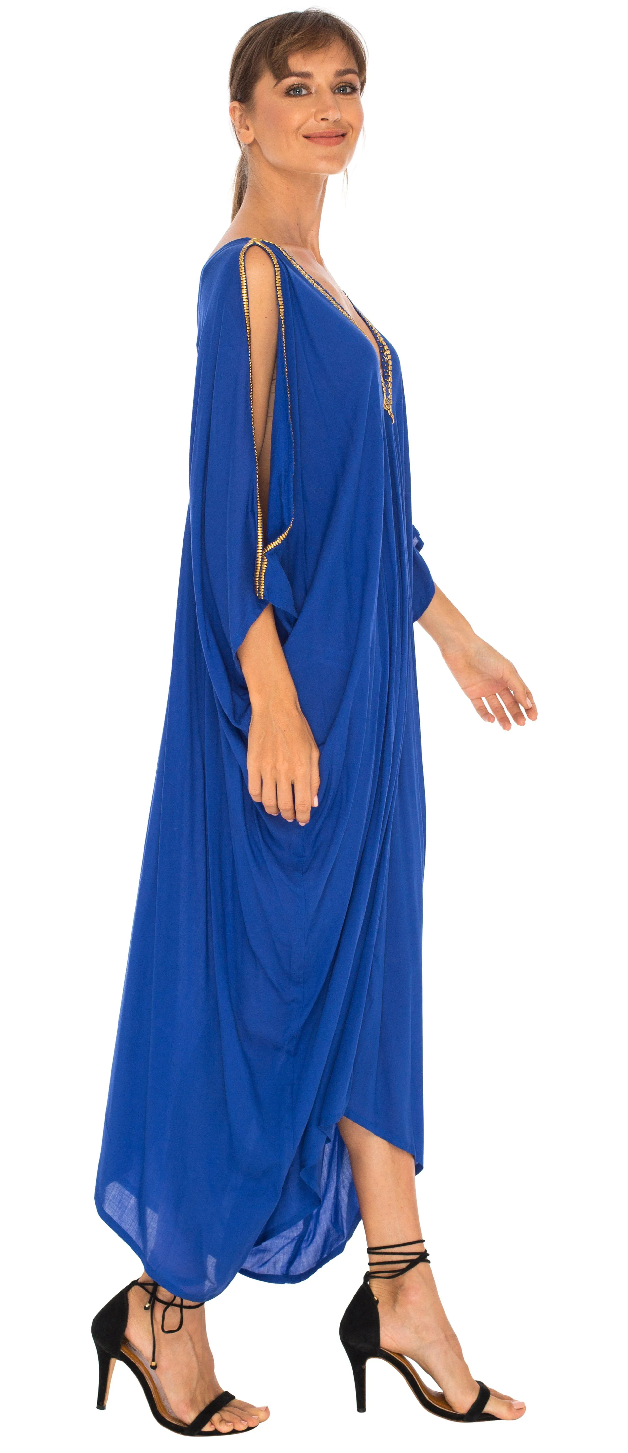 SHU-SHI Women's Cold Shoulder Kaftan Cover-Up Maxi Dress with Gold Beads and V-Neck