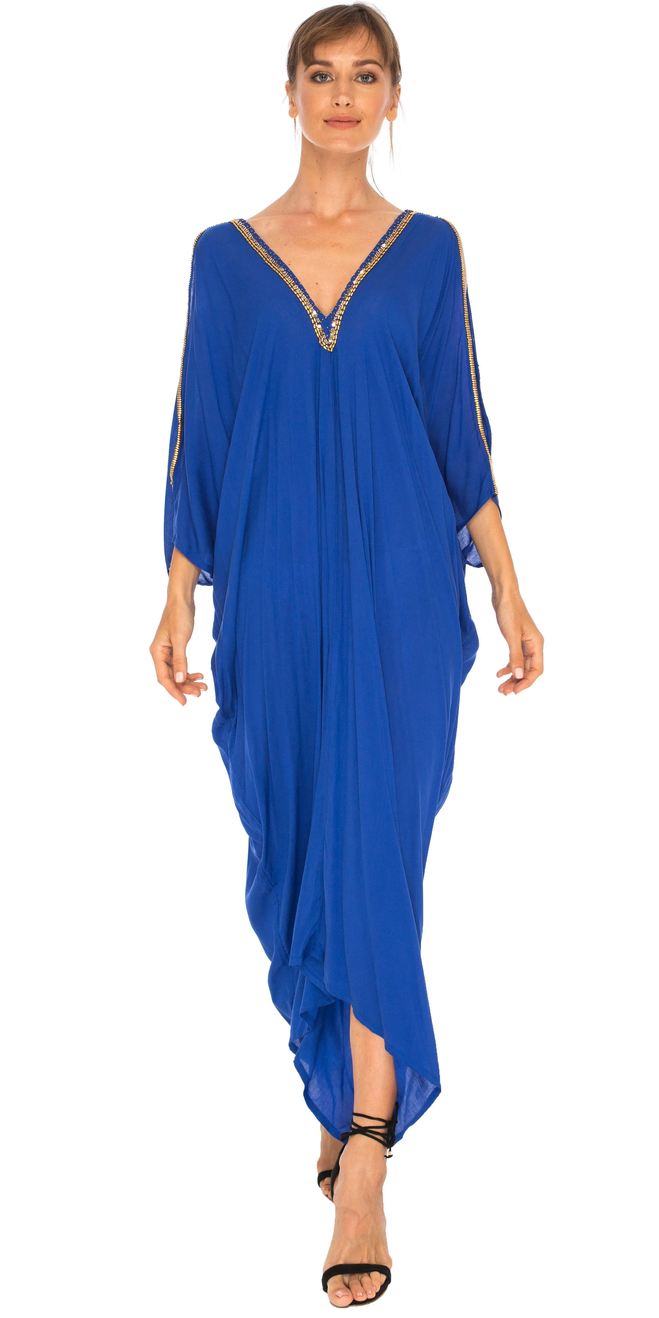 SHU-SHI Women's Cold Shoulder Kaftan Cover-Up Maxi Dress with Gold Beads and V-Neck