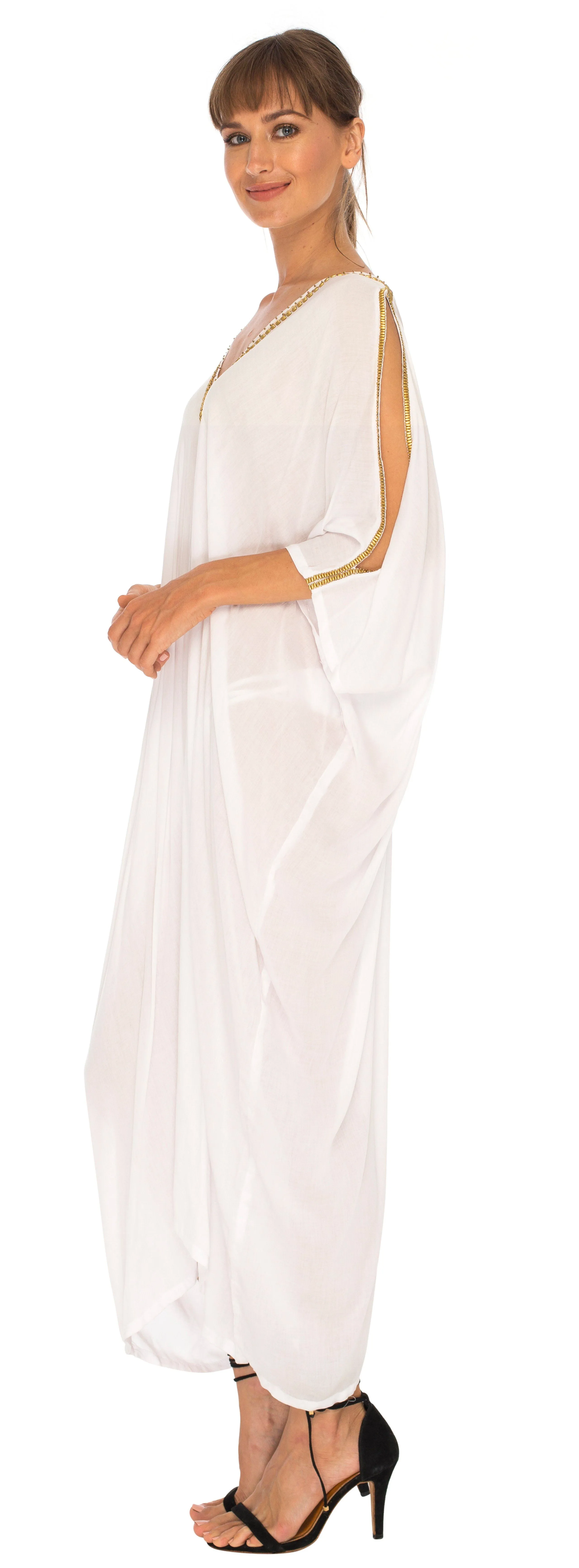 SHU-SHI Women's Cold Shoulder Kaftan Cover-Up Maxi Dress with Gold Beads and V-Neck