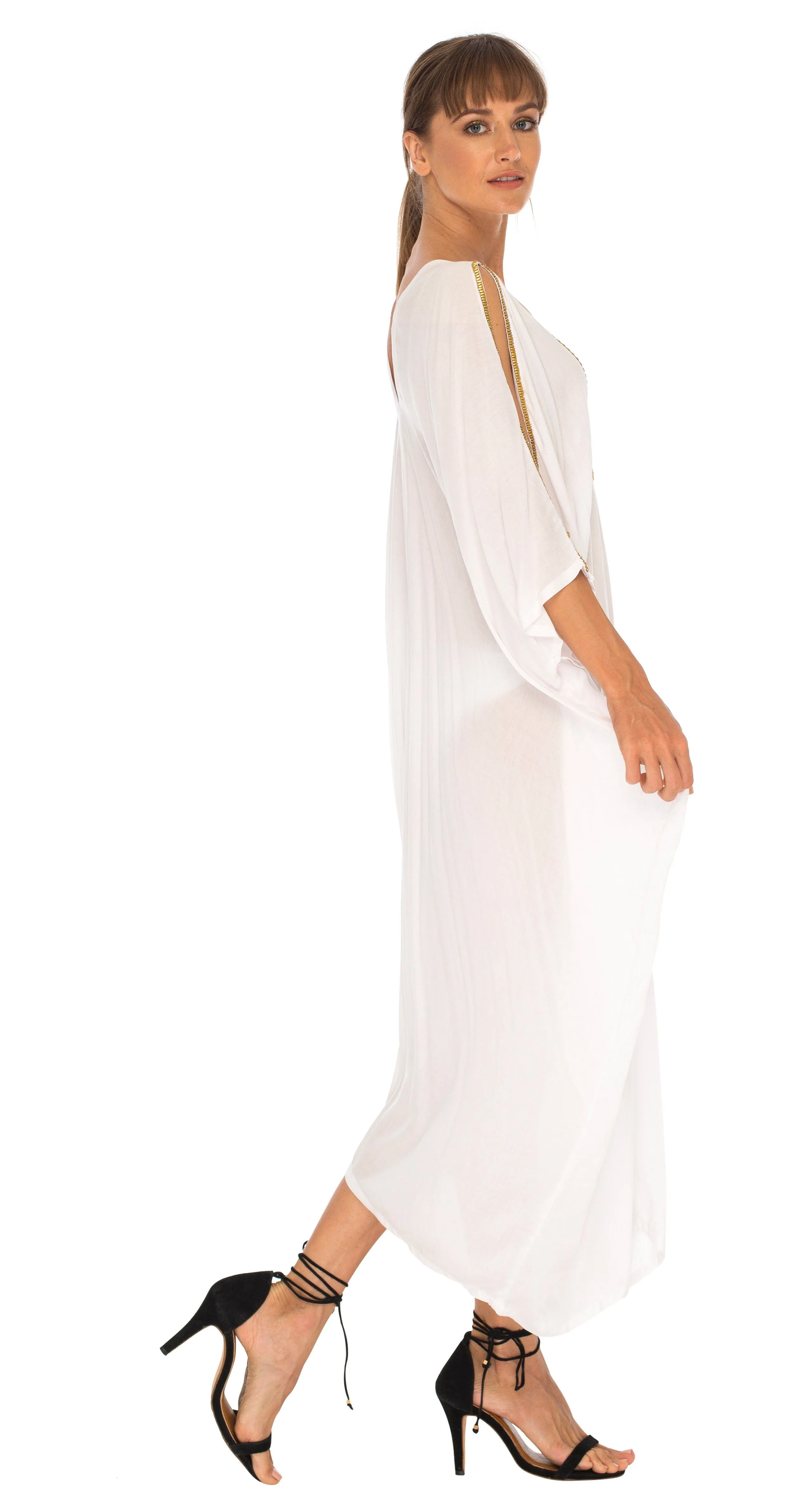 SHU-SHI Women's Cold Shoulder Kaftan Cover-Up Maxi Dress with Gold Beads and V-Neck