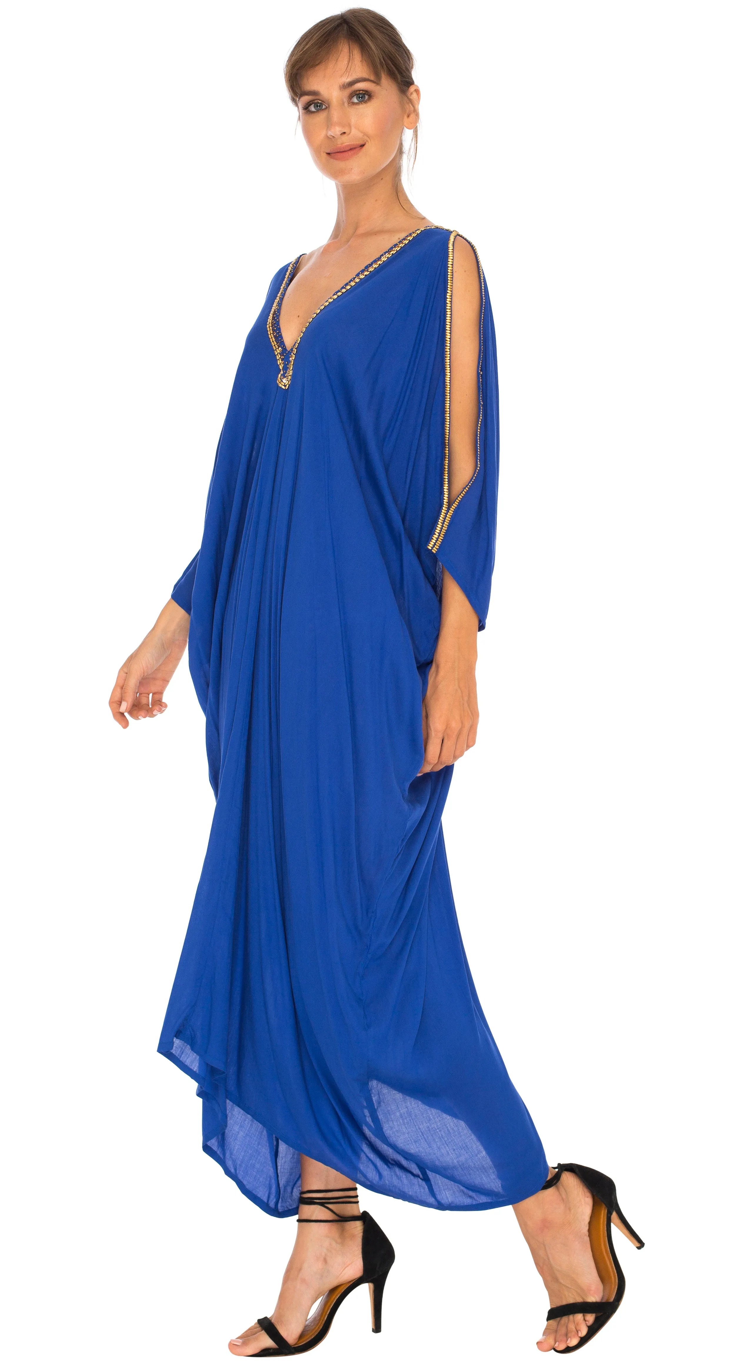 SHU-SHI Women's Cold Shoulder Kaftan Cover-Up Maxi Dress with Gold Beads and V-Neck