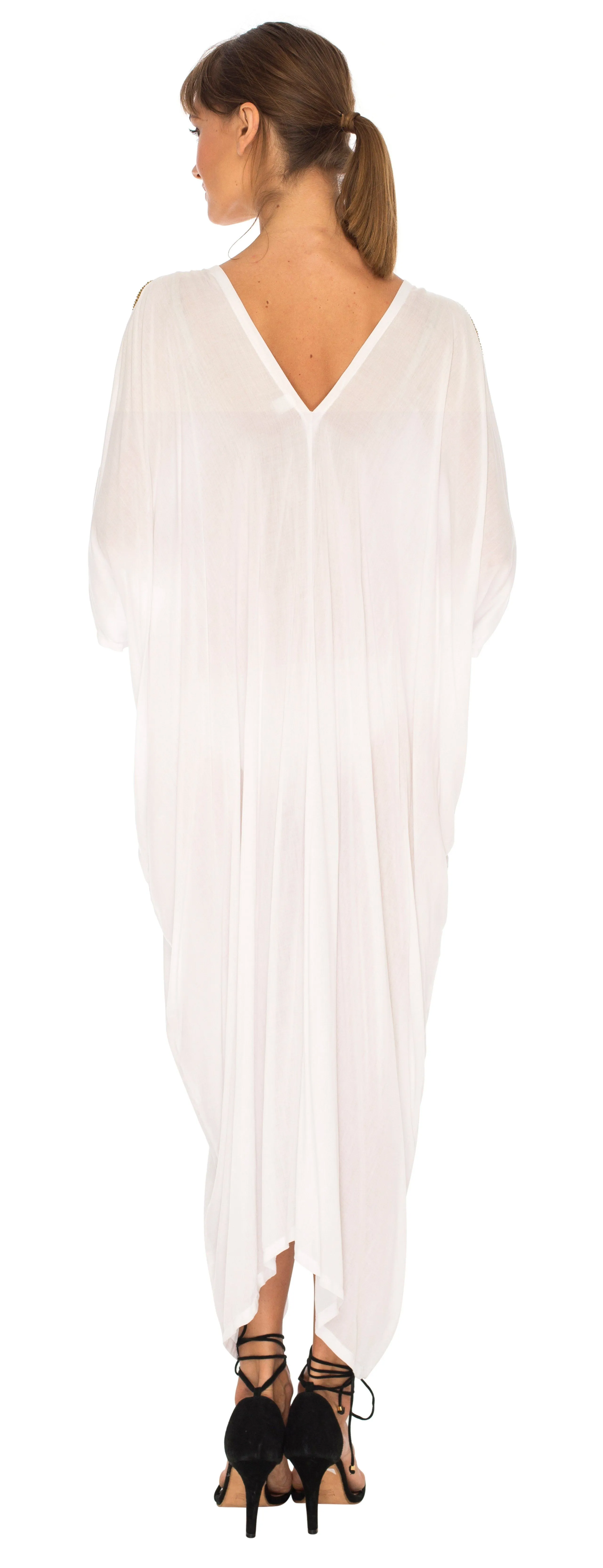 SHU-SHI Women's Cold Shoulder Kaftan Cover-Up Maxi Dress with Gold Beads and V-Neck