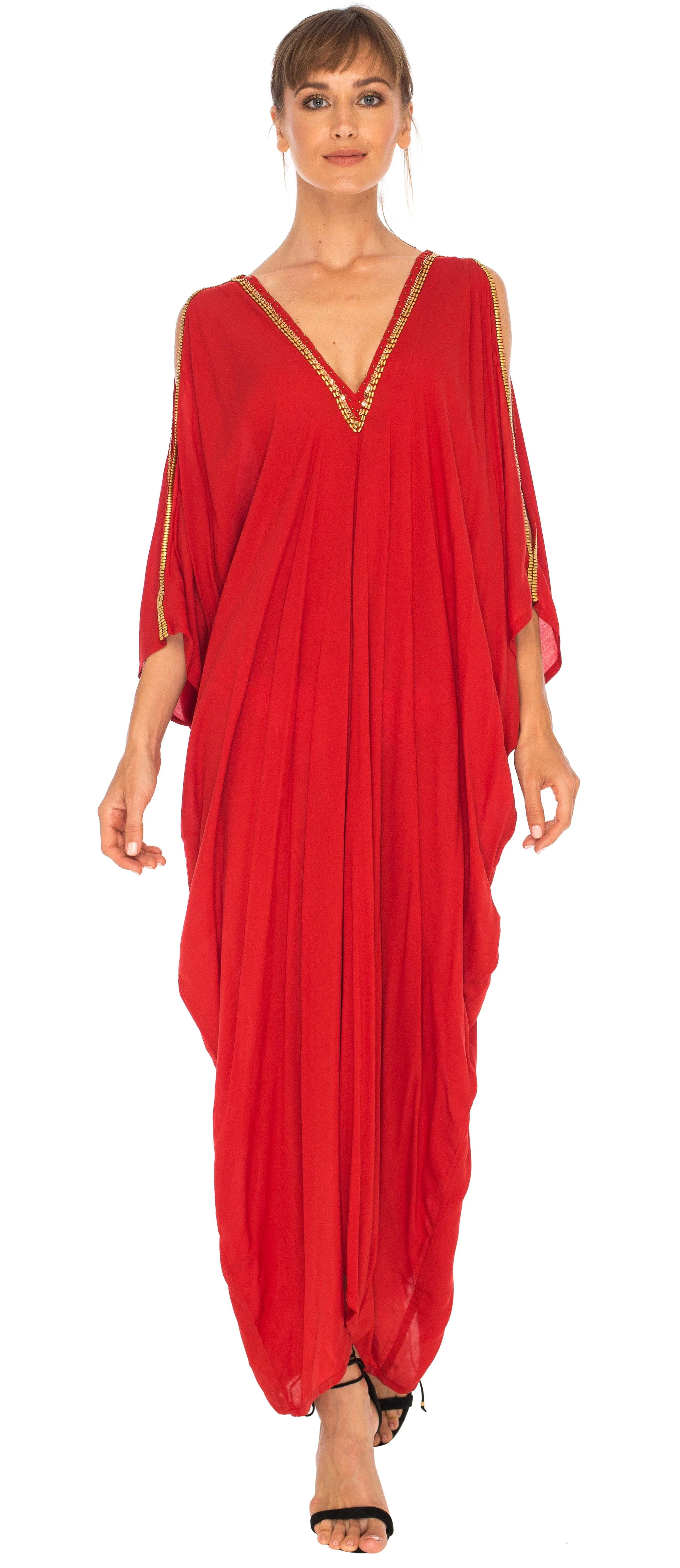 SHU-SHI Women's Cold Shoulder Kaftan Cover-Up Maxi Dress with Gold Beads and V-Neck