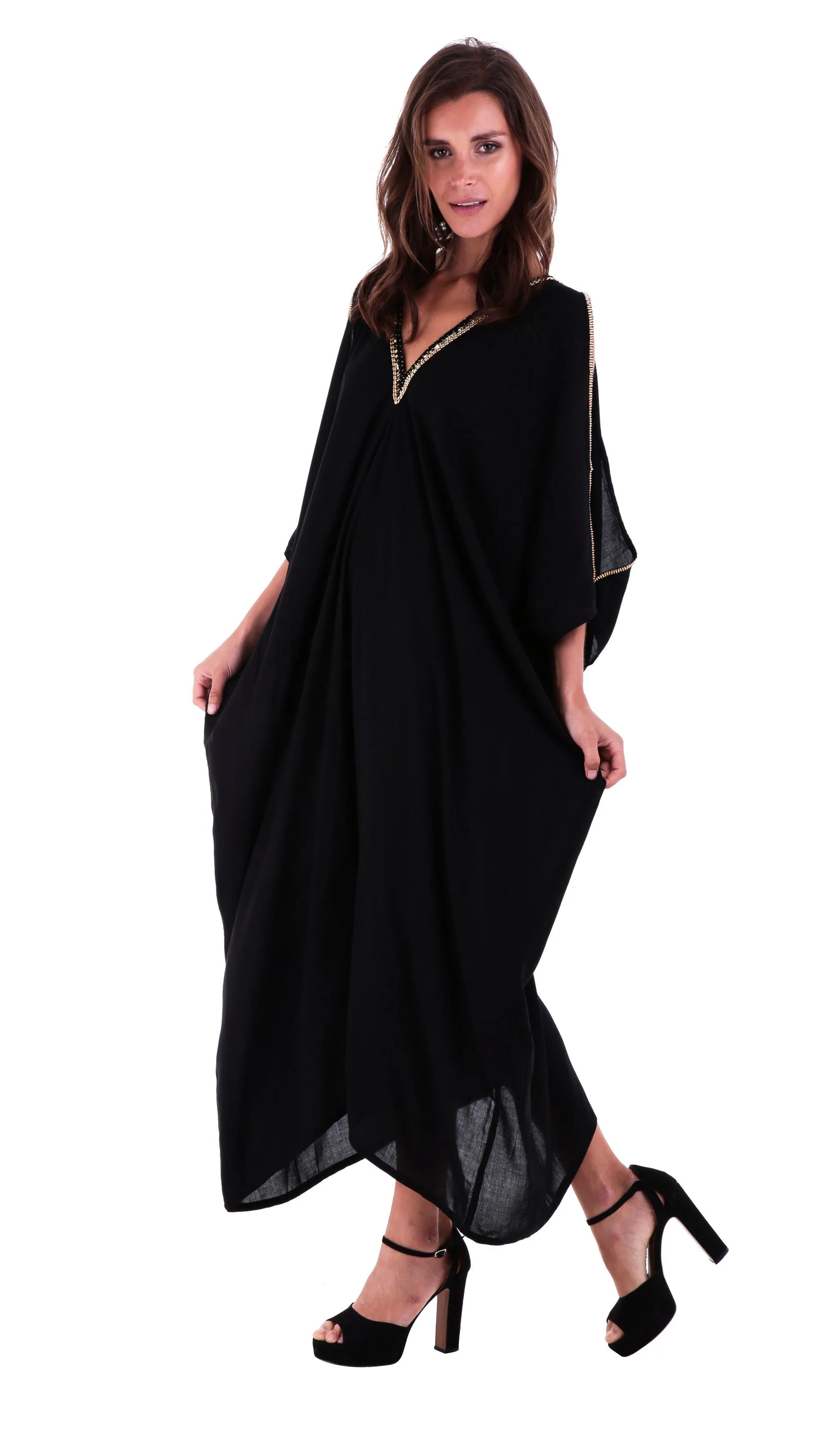 SHU-SHI Women's Cold Shoulder Kaftan Cover-Up Maxi Dress with Gold Beads and V-Neck