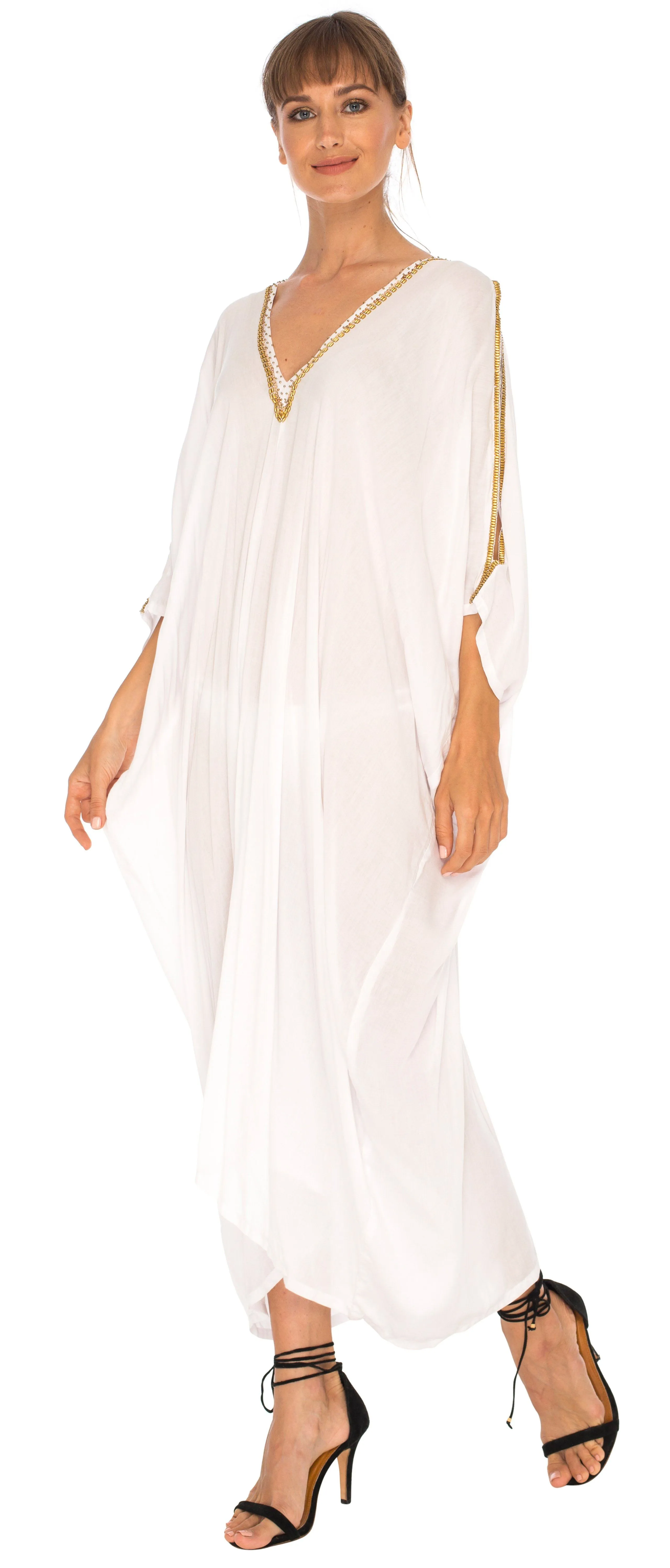 SHU-SHI Women's Cold Shoulder Kaftan Cover-Up Maxi Dress with Gold Beads and V-Neck