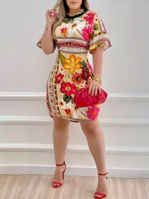 Vintage Summer Midi Dress: Short Sleeve Floral Print