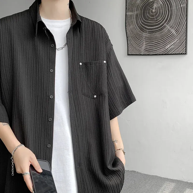 Wiaofellas  -  Men's Short Sleeve Shirt Rivet Design Blouses Casual Solid Streetwear Shirts Summer Pleated Button Y2K Tops