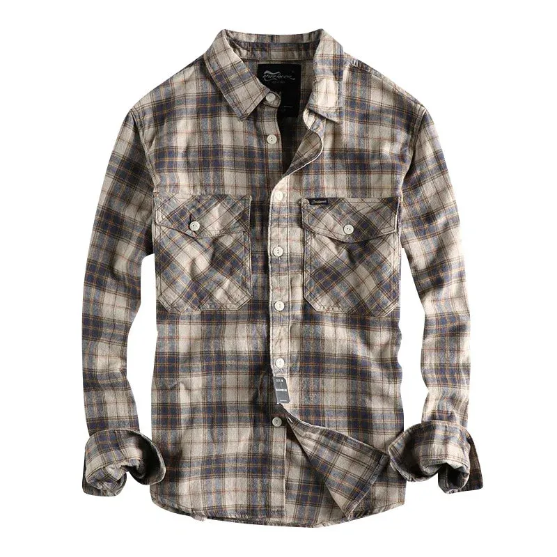 Wiaofellas  -  Spring New American Retro Long-Sleeve Lapel Brushed Fabric Plaid Shirt Men's Fashion Washed Loose Casual Blouses