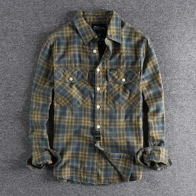 Wiaofellas  -  Spring New American Retro Long-Sleeve Lapel Brushed Fabric Plaid Shirt Men's Fashion Washed Loose Casual Blouses