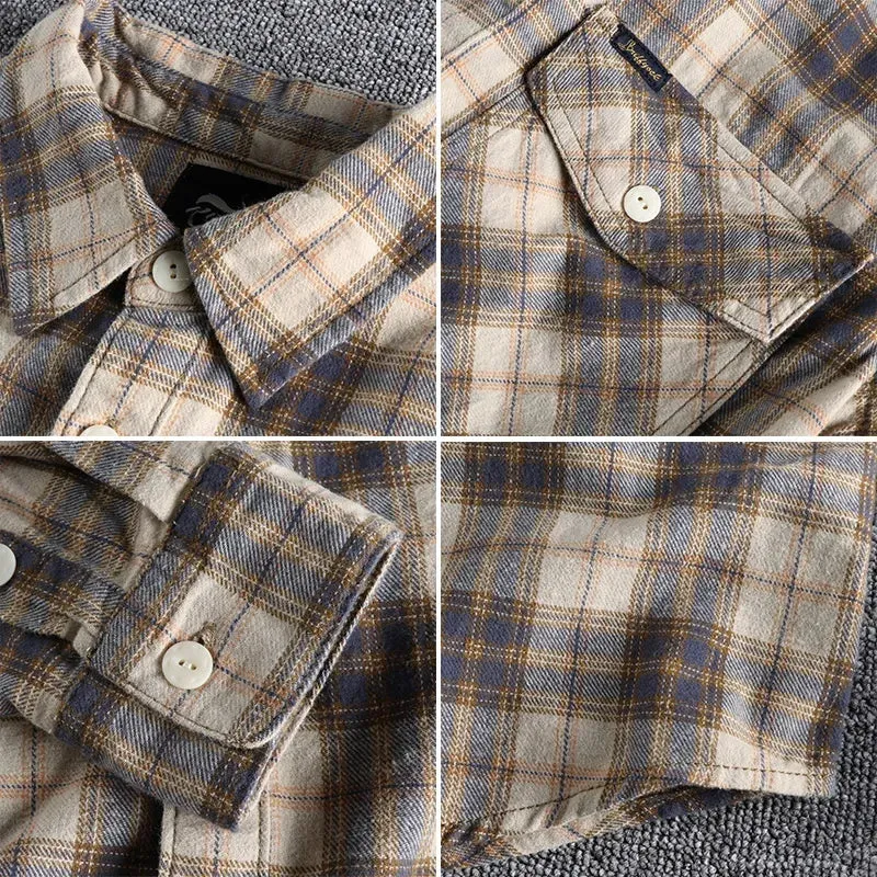 Wiaofellas  -  Spring New American Retro Long-Sleeve Lapel Brushed Fabric Plaid Shirt Men's Fashion Washed Loose Casual Blouses