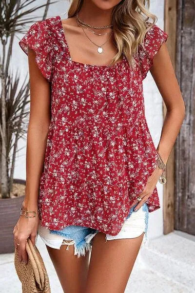 Women's Cap Sleeve Printed Square Neck Top